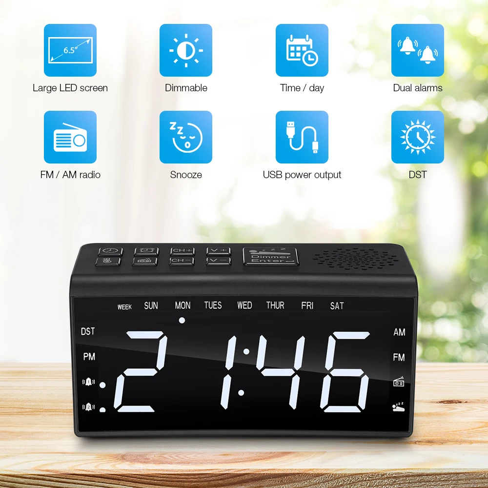 

Digital Car Radio FM AM Clock Dual Alarms Temperature Snooze Day Time Dimmable Backlit 6.5 inch LED Screen Clocks for Home Car