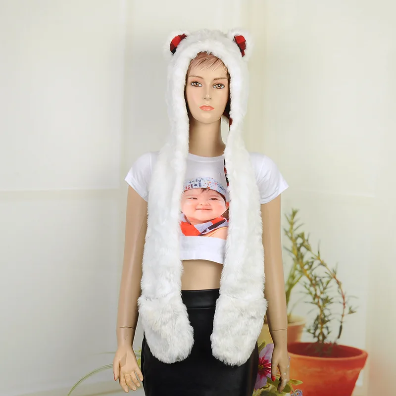 

Fashion Women Faux Fur Hood Animal Hat Ear With Long Scarf Wolf Fur Hood Hat Paws Beanie Cap Winter Cartoon Hat High Quality