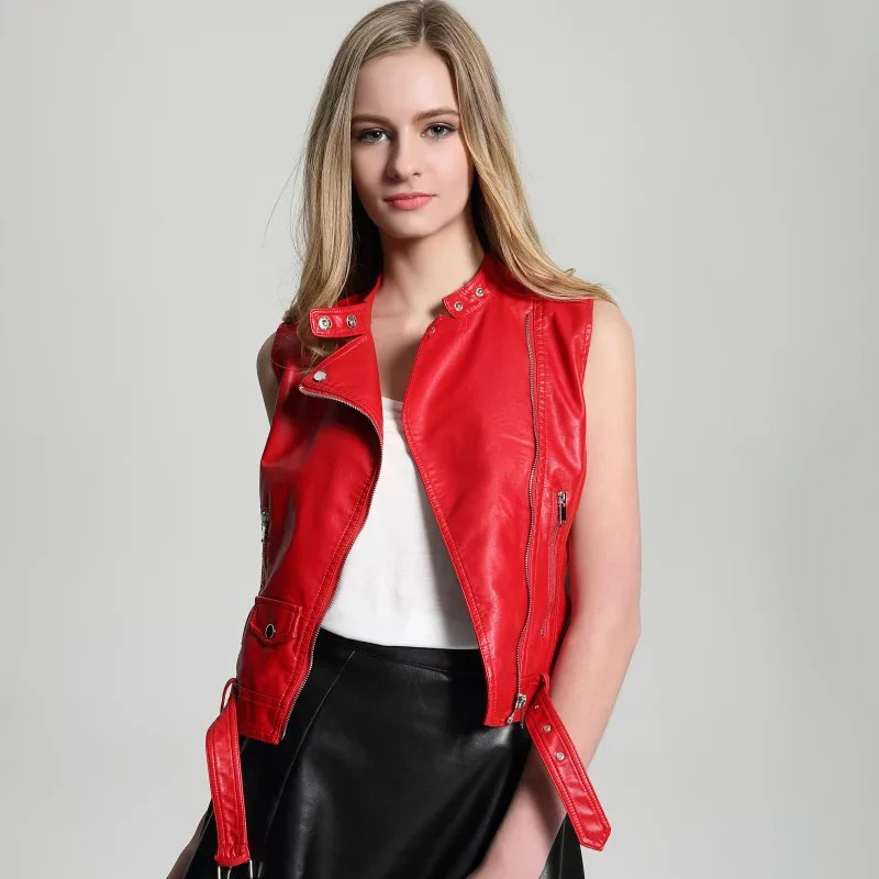 Новинка, Модный женский весенне-осенний красный жилет из искусственной кожи, куртки для девушек, куртка-бомбер для мотоцикла, крутая верхняя одежда, пальто с поясом