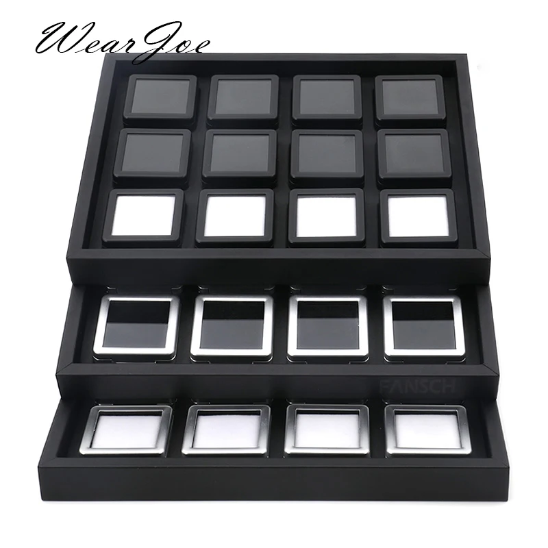 4 Black Wooden Trays w/ Black 12 Gem Jar Inserts Jewelry Gemstone Display 