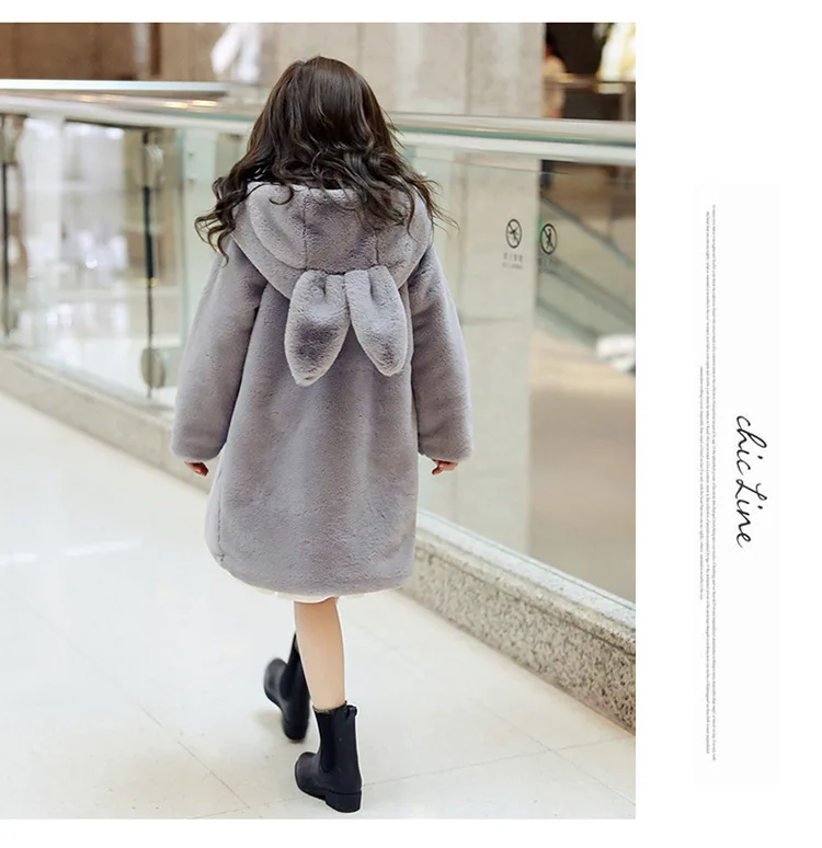 Модное детское пальто с искусственным мехом для маленьких девочек; сезон осень-зима; Тренч; плотная теплая верхняя одежда; куртка с искусственным мехом; заячьи ушки; TZ326