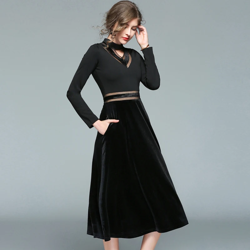 Robe Sexy Perspective Gauze Patchwork Velvet Dress Winter Dresses Women 2018 Black Office Chinese Dress Tunique Femme K8927