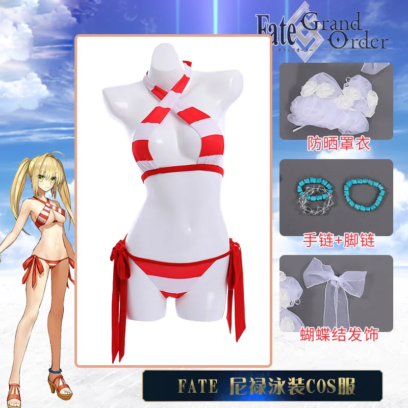 

Anime Fate/EXTRA Nero Saber Cosplay Cute Sexy Stripe Swimwear Set Women's Open Chest Swimsuit Bandage Sukumizu Summer