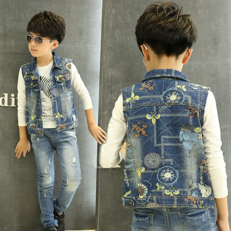 Vintage Flower Print Denim Waistcoat Girl Vest For Children Designer