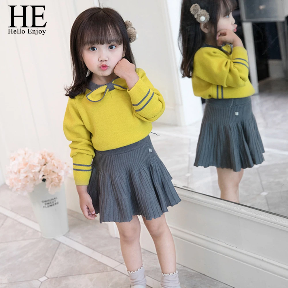 Achat Il bonjour profiter de l hiver automne bambin filles vêtements ensembles Boutique enfants vêtements chaud tricot pull pull + jupe plissée costumes