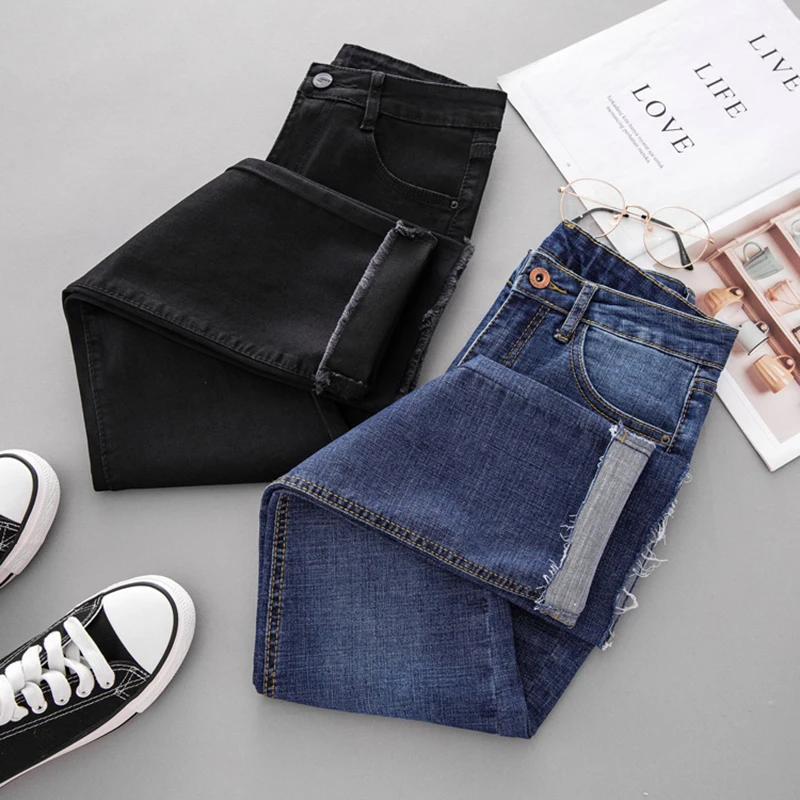 Beste 2018 Hoge Kwaliteit Straight Jeans Vrouw Plus Size Hoge Taille Moeder Stretch jeans Dames blauw Denim Broek Broek Vrouwen