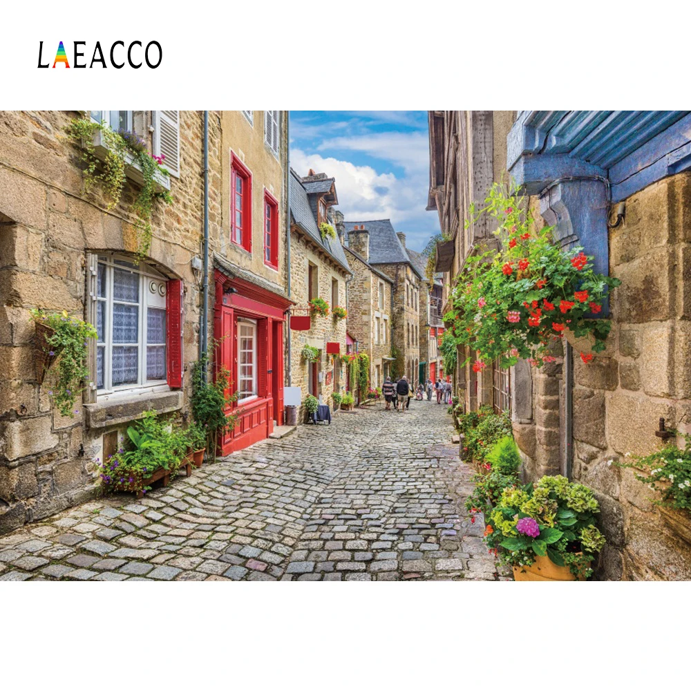 

Laeacco Town Houses Roadways Flowers Photography Backgrounds Digital Customized Photographic Backdrops For Photo Studio