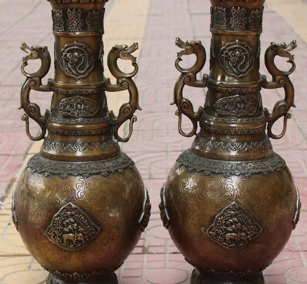 

21"Chinese Bronze 8 Symbol Dragon Beast Monkey Elephant Vase Bottle Pair Statue