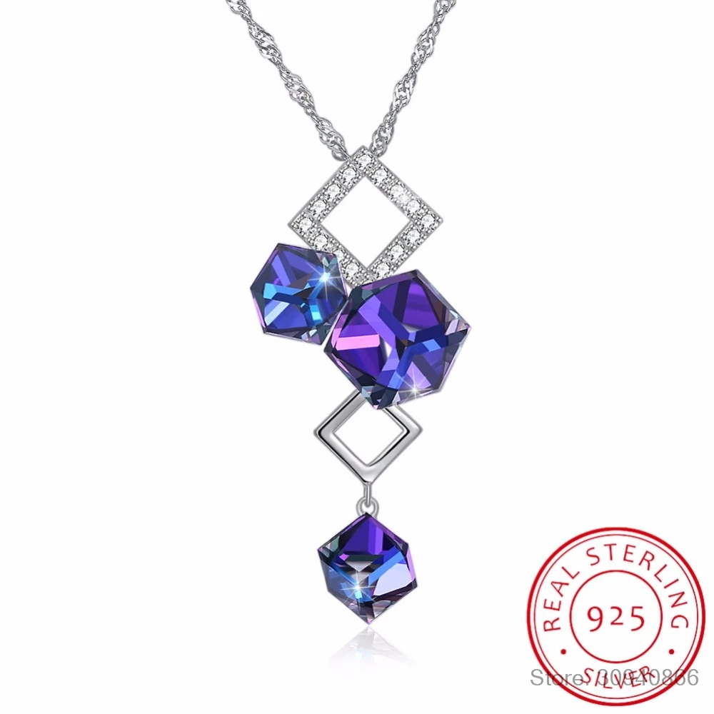 LEKANI Crystals Purple Square Bead Pendant Necklace Chic 925 Sterling Silver Chain Collar For Women Fine Jewelry | Украшения и