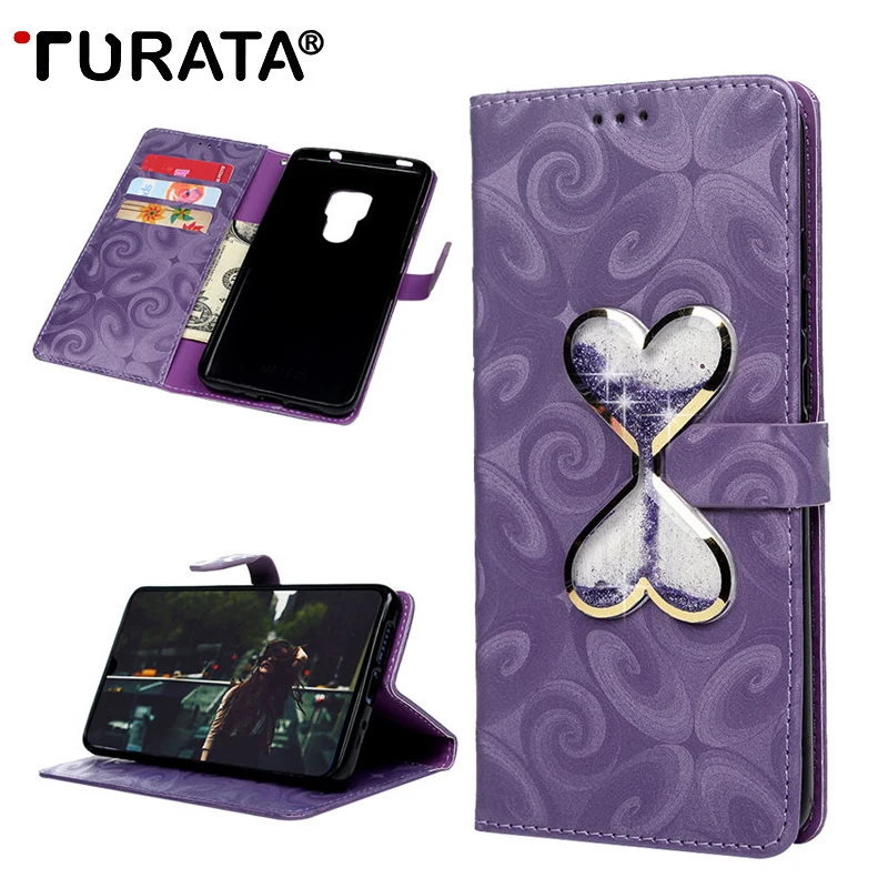 TURATA Heart Hourglass Glitter Liquid Quicksand Case For Huawei Mate 20 PU Leather Stand Function Phone Cases |
