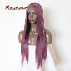 Maycaur фиолетовый цвет волокна длинные парики с прямыми волосами свободная часть Синтетические Кружева передние парики термостойкие для