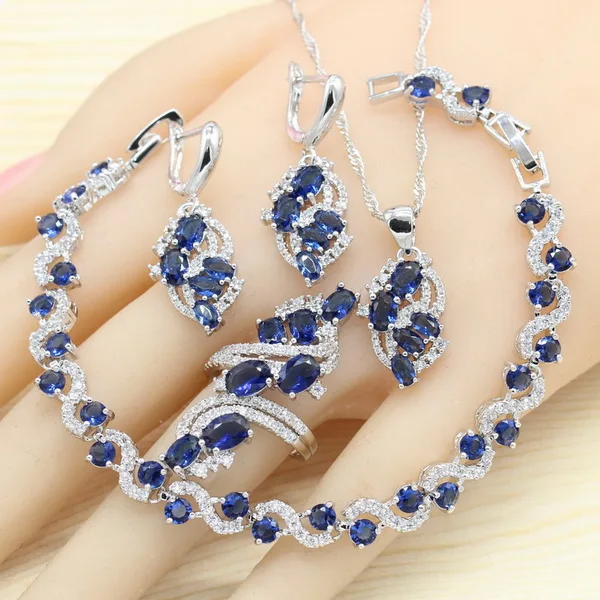 925 серебряные ювелирные наборы для женщин королевский синий полудрагоценные серьги браслет кольца ожерелье кулон свадебные ювелирные изделия Подарочная коробка - Окраска металла: 4PCS