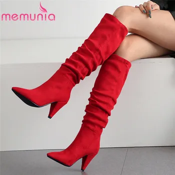 

MEMUNIA Plus size 34-43 women boots spike high heels pleated knee high boots flock autumn fashion ladies botas female 2019