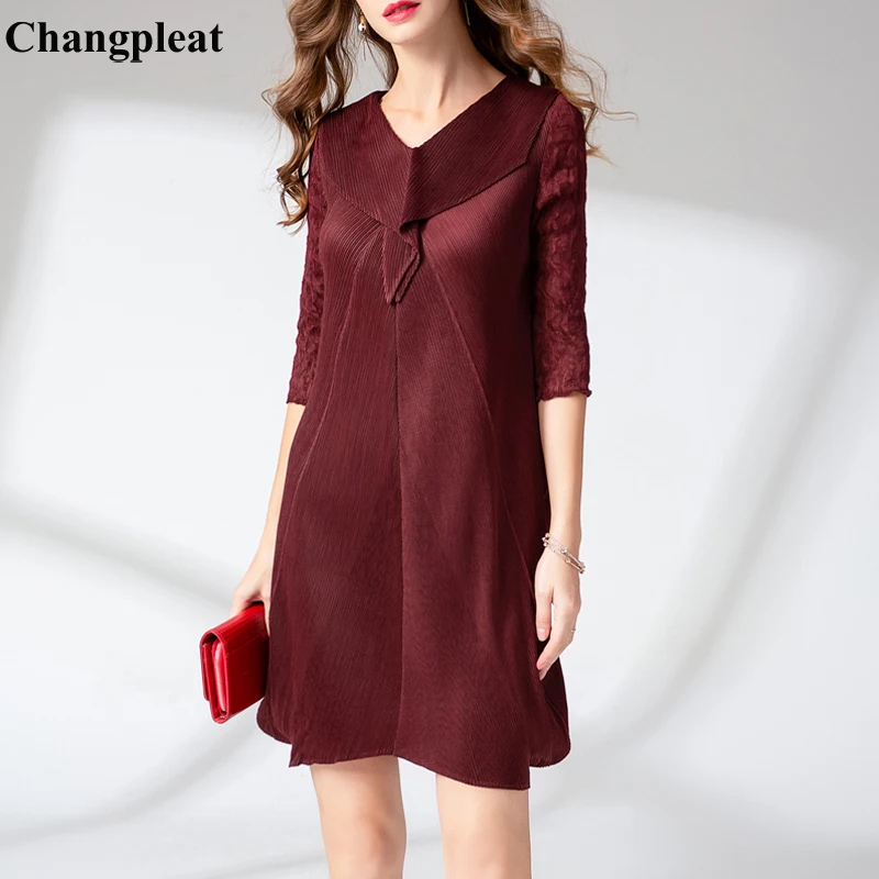 

Changpleat 2019 Spring Summer Solid Women Dresses Miyak Pleated Fashion Design V-neck Large Size Elastic Female Dress Tide D9880