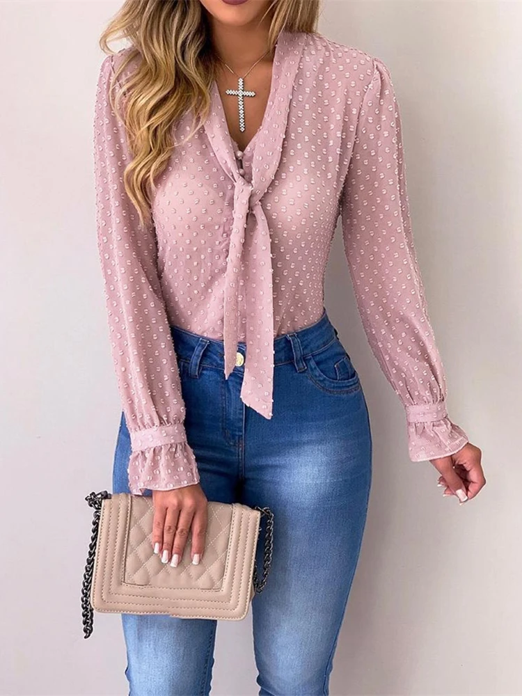 

2019 Summer Women Elegant Brief Mesh Pink Basic Office Work Style Leisure Blouse Tied Button Detail Dots Casual Shirt