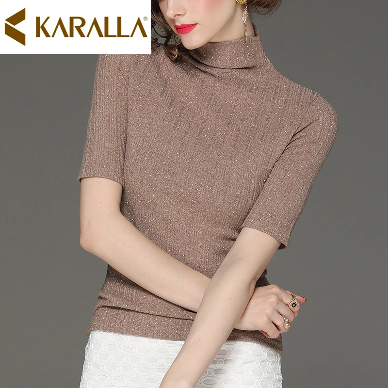 

Size S-XXXL Spring Summer 2019 New Style Temperament Turtleneck T-shirt Fashion Women Slim Half Sleeve Tees C526