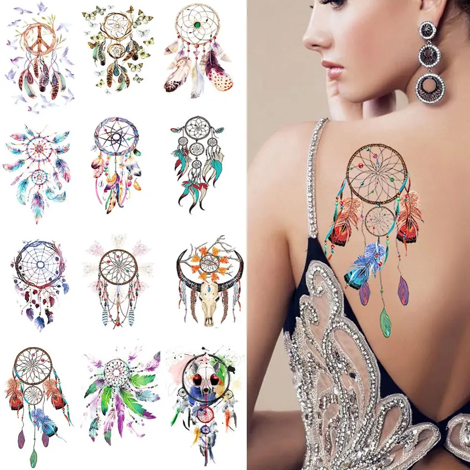 Get 1 Sheet Colorful Women Feather Leaf Dream Catcher Tattoo Decal Free Wallpaper 1 Sheet Colorful Women Feather Leaf Dream Catcher Tattoo Decal For Android Free