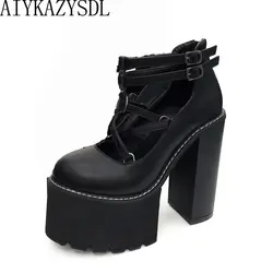 AIYKAZYSDL/Женская обувь на очень высоком каблуке и платформе толстый блок квадратный каблук крестообразные шнурки-застёжки весна осень