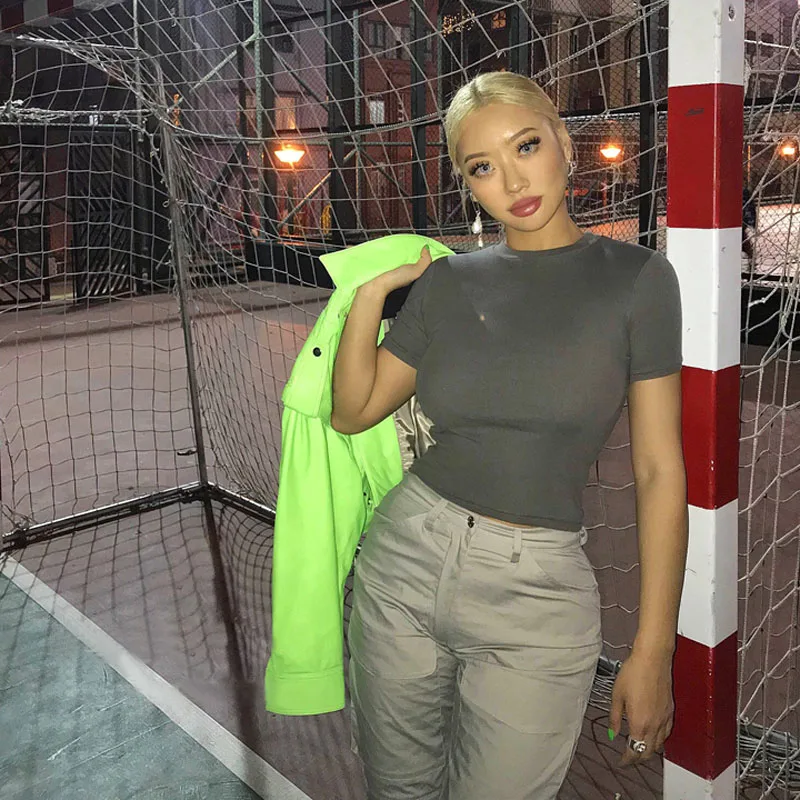 

Women Short-Sleeved T-Shirt Female Women Solid Color Top Slim Elastic Basic Crop Tops Cotton