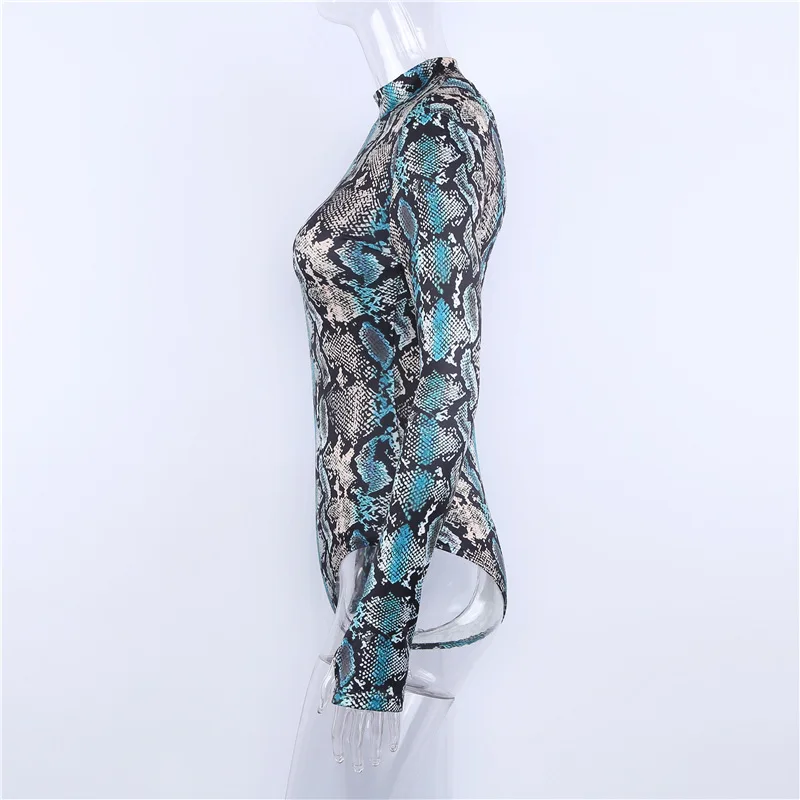 Сексуальная модель змея печати боди Для женщин Топы корректирующие с длинными рукавами высокого Средства ухода за кожей шеи Slim Fit