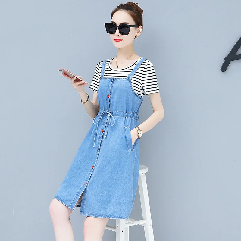Summer Jeans Dress Women Shirt Washed Sleeveless Suspender Denim Dress Sundress Denim Mini Dress Female Plus Size 2 Piece Sets