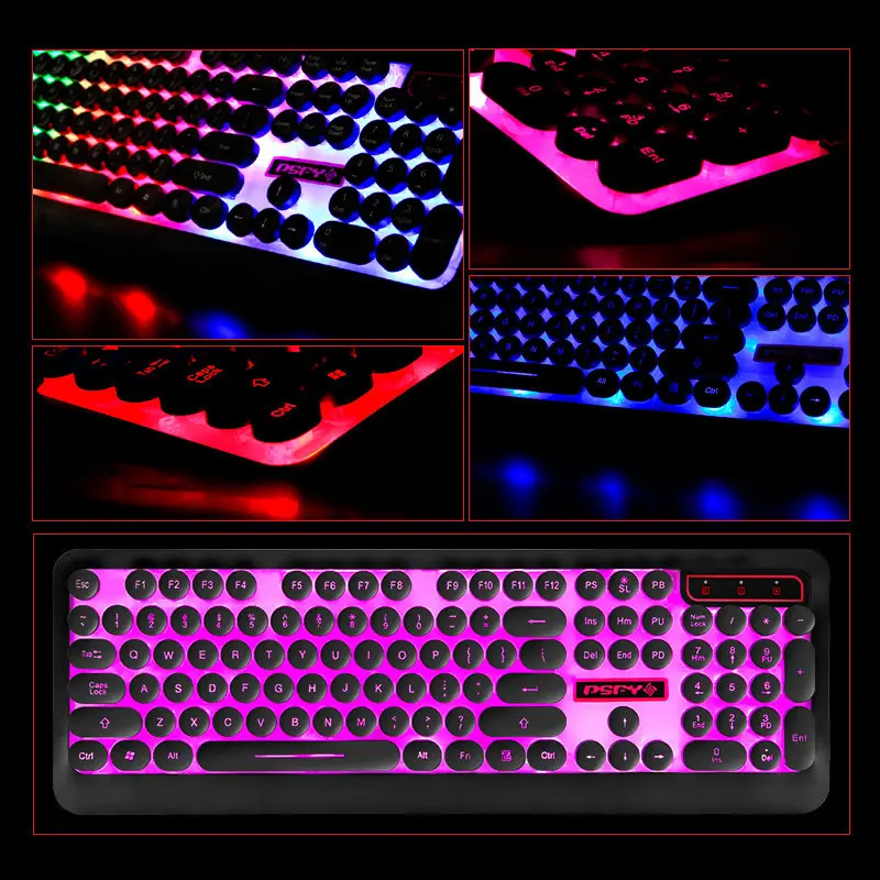  Backlit Russian Keyboard Retro Round Glowing Keycap Gaming Ducky Keyboard Tri-color Change Color US