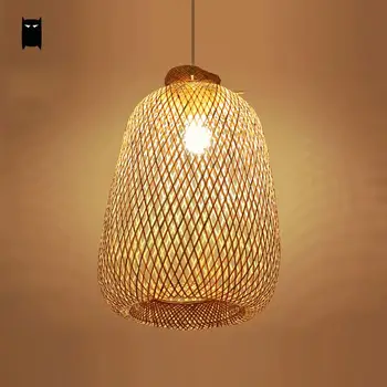 

Bamboo Wicker Rattan Bag Pendant Light Fixture Rustic Asian Chinese Style Hanging Lamp Avize Luminaria Indoor Home Dining Room