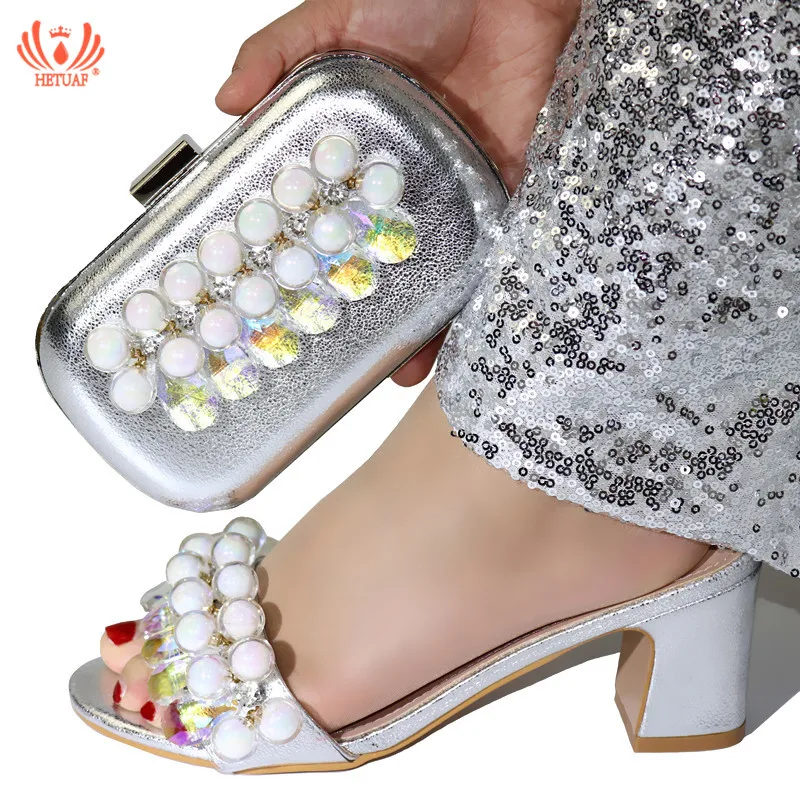 

2019 Decorated With Rhinestone Shoes And Bag Set African Design Matching Shoes And Bag Set High Heel Slippers Sandals in Silver