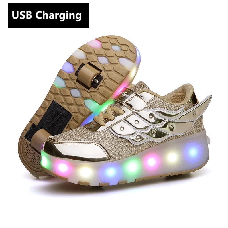 Unisex Kids Fitness Roller Skate Shoes with Double Wheels,Chargeable LED Light up Flashing Skates Outdoor Sports Cross Trainers Gymnastics Sneaker Technical Skateboarding Shoes 
