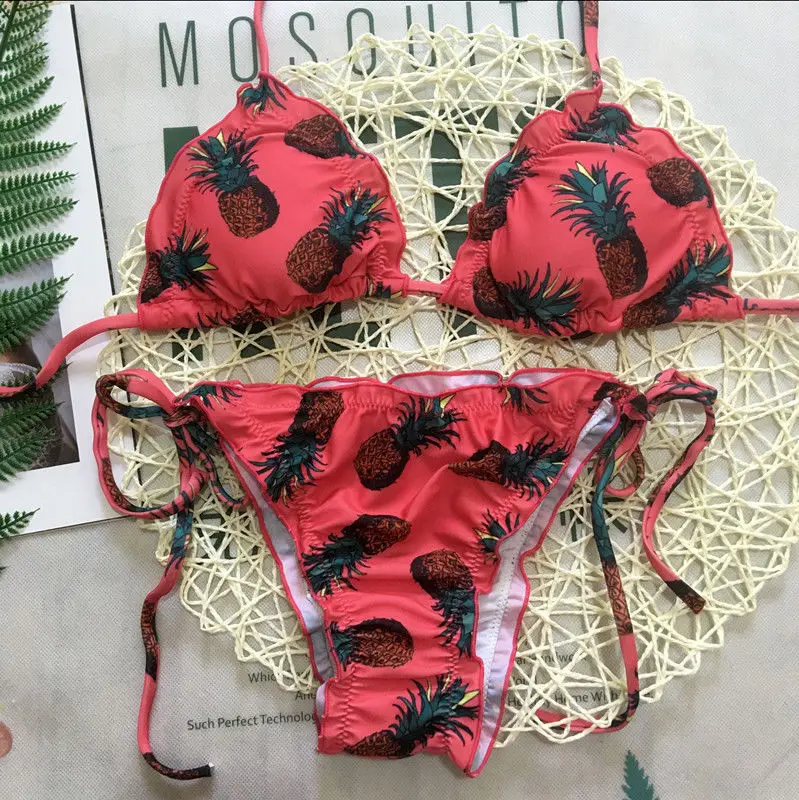 

Women Bikini Set Bandage Push-up Padded Bra Swimsuit Swimwear Bathing Suit Sunflower Pineapple Strawberry Print Mujer Biquini