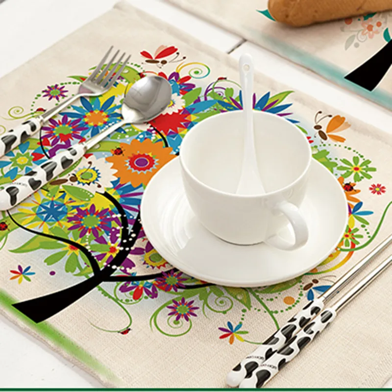 

Colorful Happy Tree Pattern Printed Linen Placemats Place Mat Table Mat Dinner Coaster Kitchen Accessiories