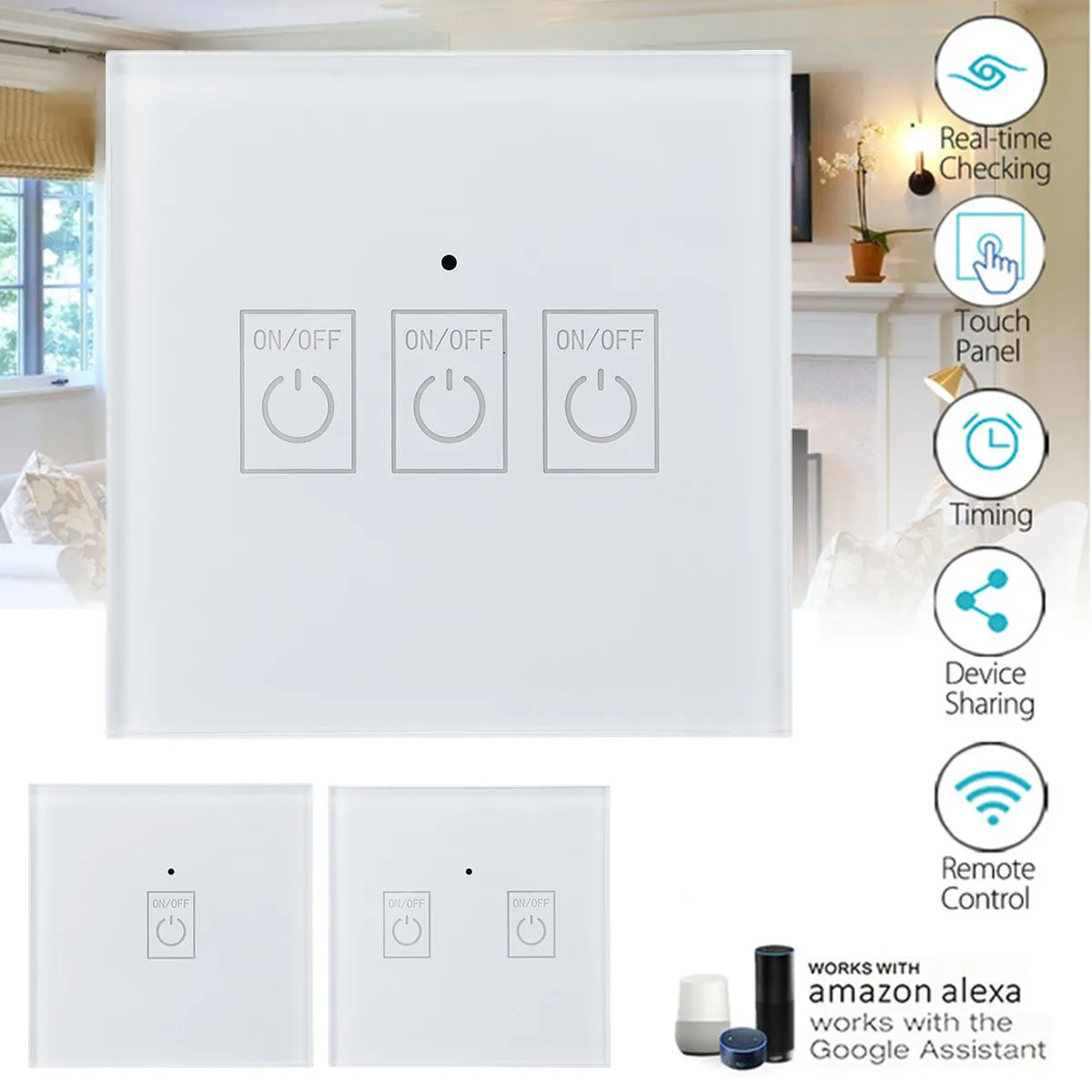 

Smart Wall Light Switch 1/2/3 Gang Panel WIFI APP 15m Control Work With Alexa Echo/Google UK/EU Type Sensitive Safe White
