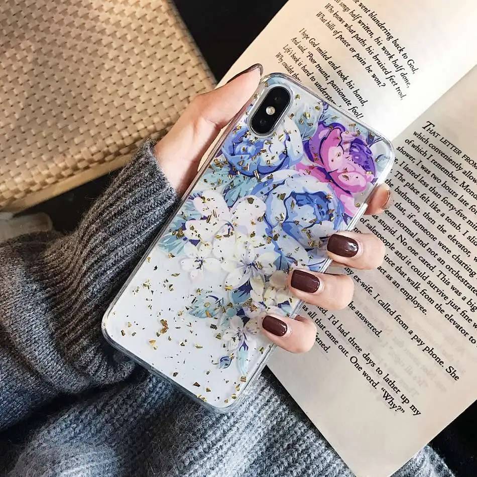 

Phone Case For iPhone XR X XS Max Case Luxury Gold Foil Epoxy Flower Covers For iPhone 8 7 Plus 6 6s Soft Silicone TPU Cover