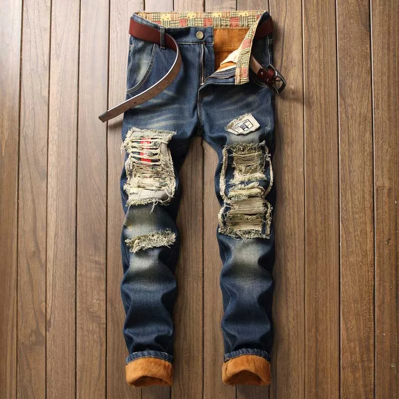 Mcikkny Fashion Men's Winter Thick Ripped Jeans Warm Fleeced Lined Denim Trousers Hi-street Warm Distressed Jeans Pants Straight (5)