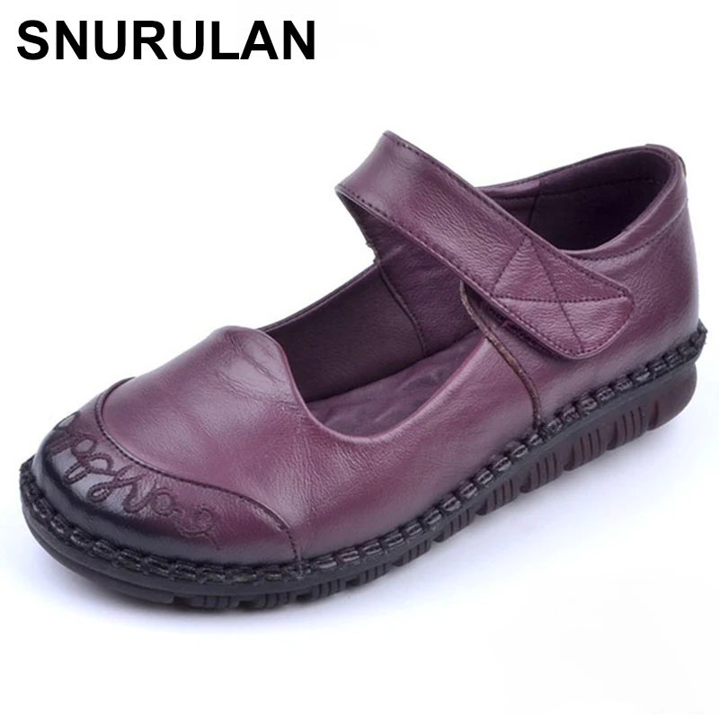 

SNURULAN 2018 Spring Genuine Leather Shoes Woman Retro Embroider Soft Bottom Mary Janes Flats Comfortable Casual Women ShoesE549
