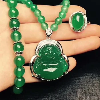 

925 Sterling Silver Natural Green Jade Gemstone Necklace Earrings Ring Women Jewelry Set luxurious women jewelry set