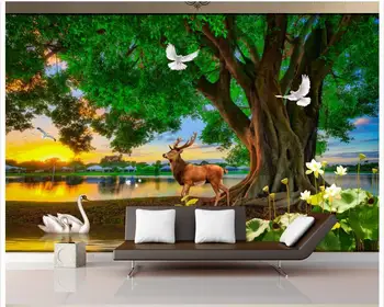 

High end Custom 3d wallpaper 3d wall murals wallpaper Green Tree Elk Swan Lake Landscape Wall paper painting wall room decor