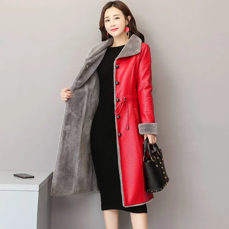  Women winter leather fur jacket Female coats Long trench Clothing Plus size Thick Leather jacket Plush Winter Leather OverCoat