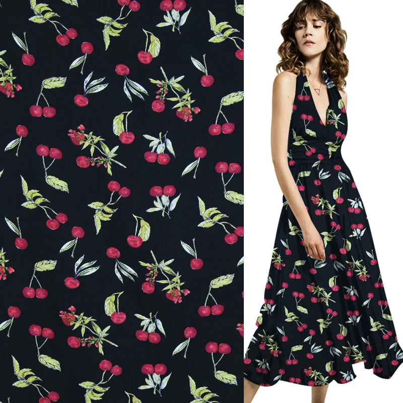 

Cherry and flower print on black bottom rayon cotton fabric fruit design ,RCT004