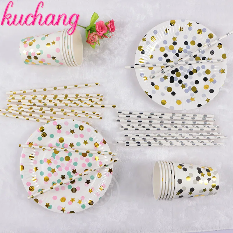 

1set 45pc High-end Disposable Tableware Colorful Gold Black Silver Polka Dot Paper Plates Cups Party Wedding Carnival Supplies.