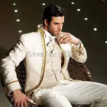 Заказ портной стиль цвета слоновой кости Кружево Стенд воротник Жених Смокинги для женихов дружки Для мужчин Нарядные Костюмы для свадьбы жених куртка+ Брюки для девочек+ галстук+ жилет