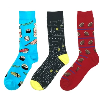 

PEONFLY Fashion Printing Cartoon Sushi Maze Ball Pattern Man Business Casual hip hop Cotton Socks Red Blue Black Autumn Winter