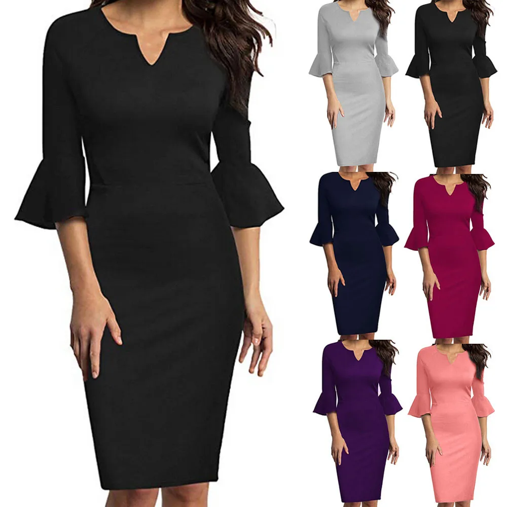 

2019 New style hot sales Women Sexy V-Neck Flounce Bell Sleeve Office Work Casual Pencil Dress high quality 2019