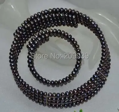 

huij 003567 4rows black pearl necklace & bracelet choker jewelry stretch