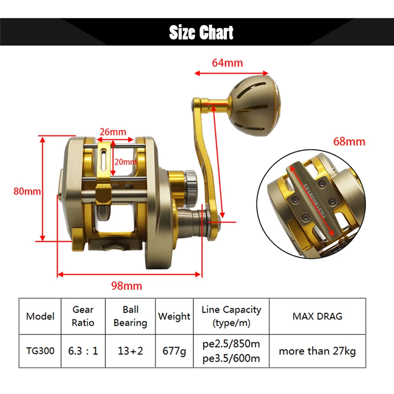 Slow JiggingFishing Reel  CNC Aluminium Full Metal Saltwater Boat Reel 6.31  13+2BB TG300G