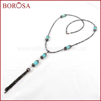 

BOROSA Druzy Natural Stone Faceted Beads Tassel Necklace With Four Cylinder Turquoises Paved Zircon Black Chain JAB169