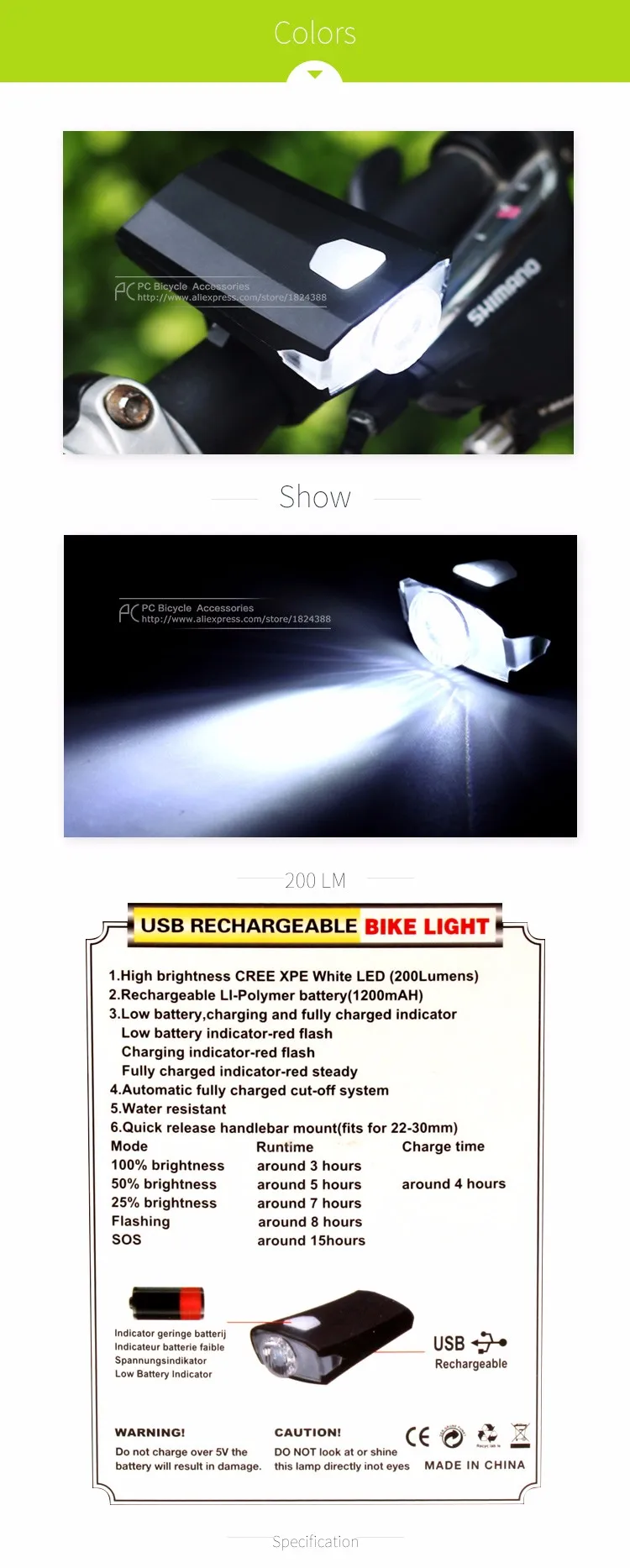 Top PCycling XPE Chip Bicycle Front Light Waterproof 4 Modes 200 Lumen Lamp Anti-glare Light Rechargable Flashlight High Power Light 2