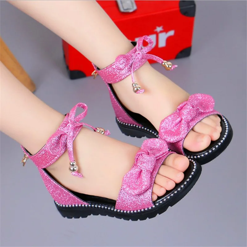 Kids Shoes Summer Kids Children Beach Fashion Sandals Bowknot Girls Flat Pricness Shoes Party Shoes For Big Girls Black Pink