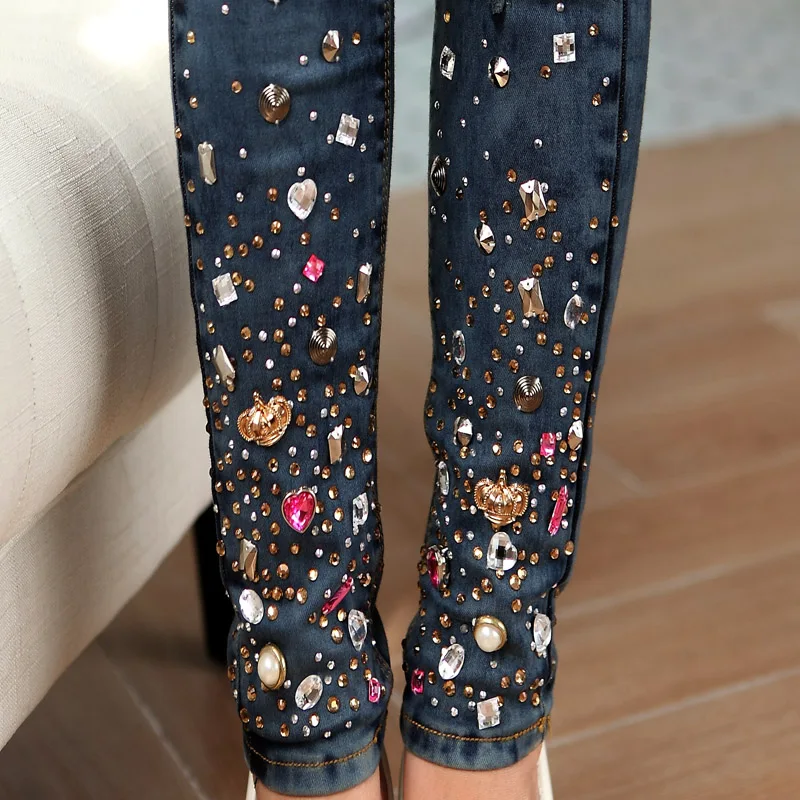 Модные женские джинсы со стразами рваные брюки карандаш Длинные темно синие