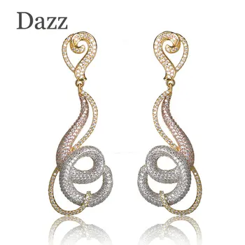

Luxury Wedding Flower Drop Long Earrings For Women Bridal Copper Zircon Gold Color Dangle Pendientes Ear Accessories Jewelry
